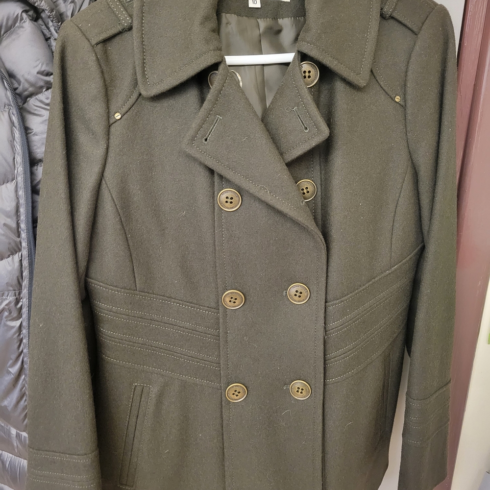 Kenneth Cole New York Olive Green Double-Breasted Wool Blend Peacoat